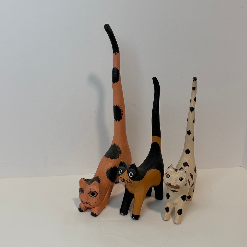 Vintage Hand Painted Wooden Long Tail Cat Figurines Set of 3 Folk Art Statues